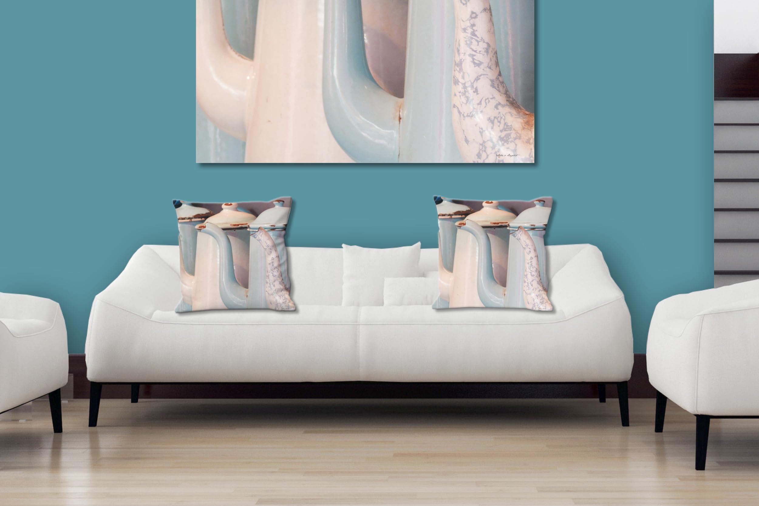 Kannen 6 -Foto-Kissen-Hülle Set (2 STK.) 40 x 40 cm | Kissen-Bezüge - passend zu Wandbild - Deko-Kissen - Küche Milch Milchkanne Geschirr Oma