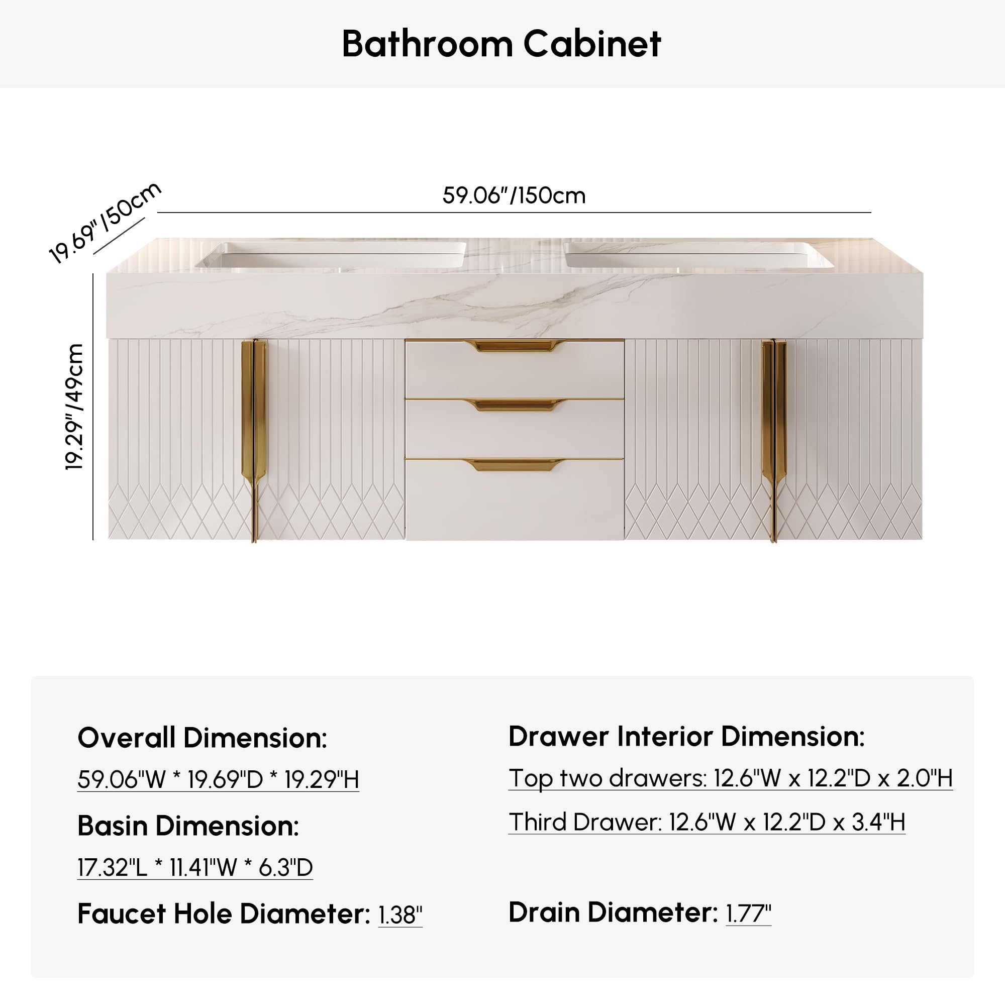 Homary Mueble de baño Flotante 59" con Lavabo, Mueble de baño con Lavabo Doble montado en la Pared con encimera de Piedra sinterizada y Amplio Espacio de Almacenamiento, Blanco.
