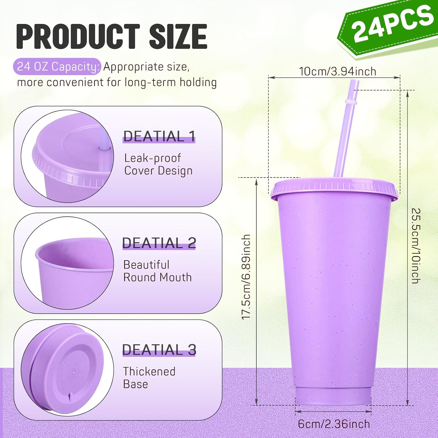 Roshtia 24 Pack Plastic Tumblers with Lid and Straw Reusable Cups Bulk Water Bottles Iced Coffee Travel Mug Cup for Birthdays Party Juices Adults Kids (Purple,24 oz) - Image 2