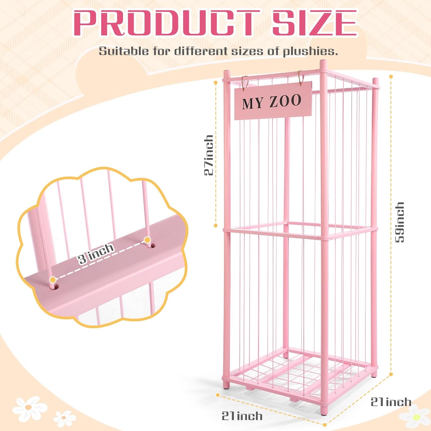 stuffed animal storage zoo, wooden stuffed animal organizer with elastic cords for boys girls, space saving toy plushies storage holder for playroom, bedroom, living room (pink, large) large pink