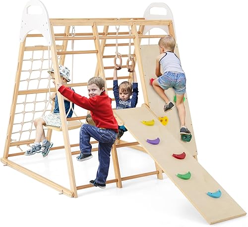 HONEY JOY Gimnasio de la selva interior 8 en 1, juego de escalador de madera con columpio, tobogán, pared de roca escaladaredescalera, barras de