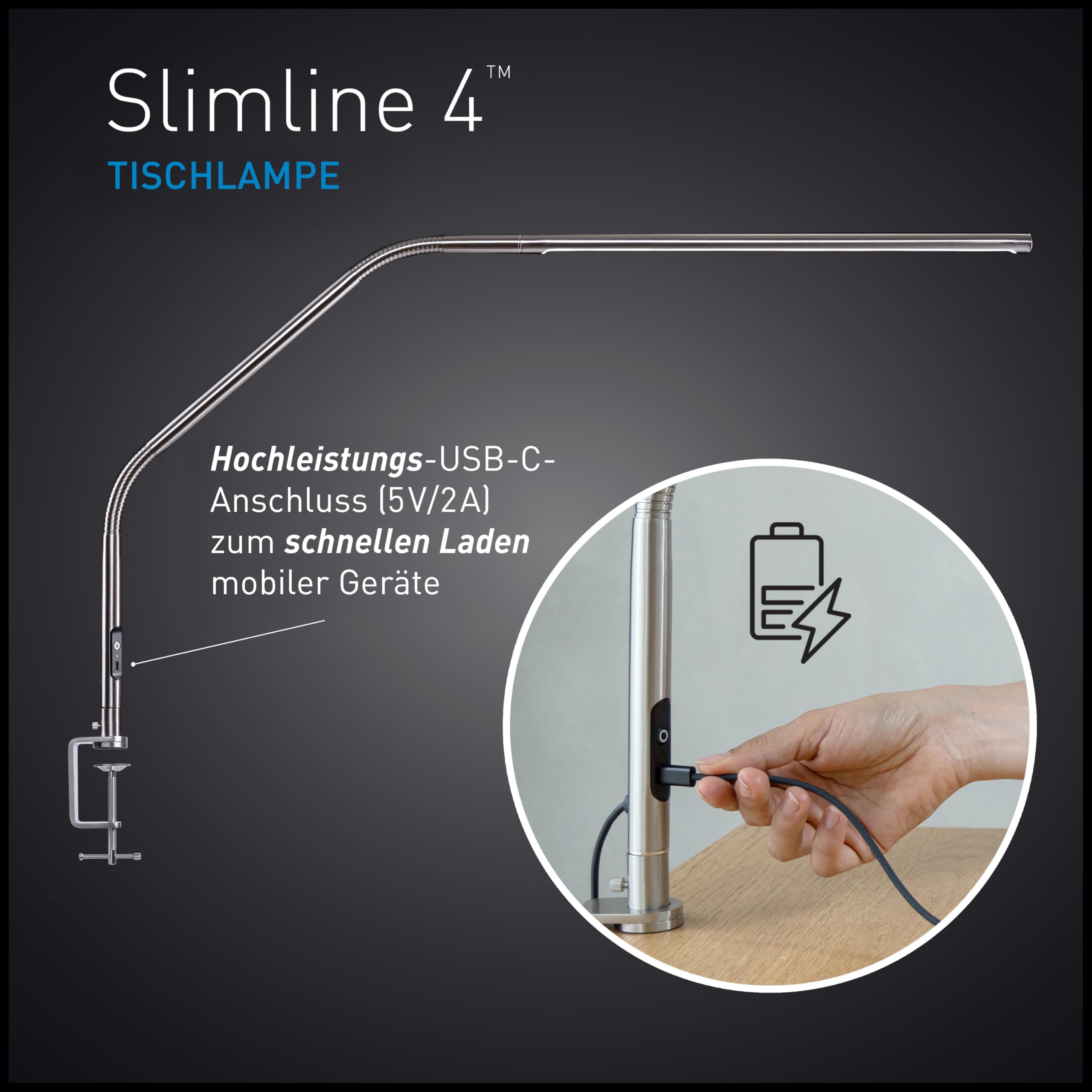 Daylight Slimline 4™ LED Tischlampe – 6000K, 3200 Lux, 4 Helligkeitsstufen, USB-C-Ladeanschluss, Blendschutz-Diffusor, Verstellbare Schreibtischleuchte für Kunst, Basteln Gebürsteter Stahl