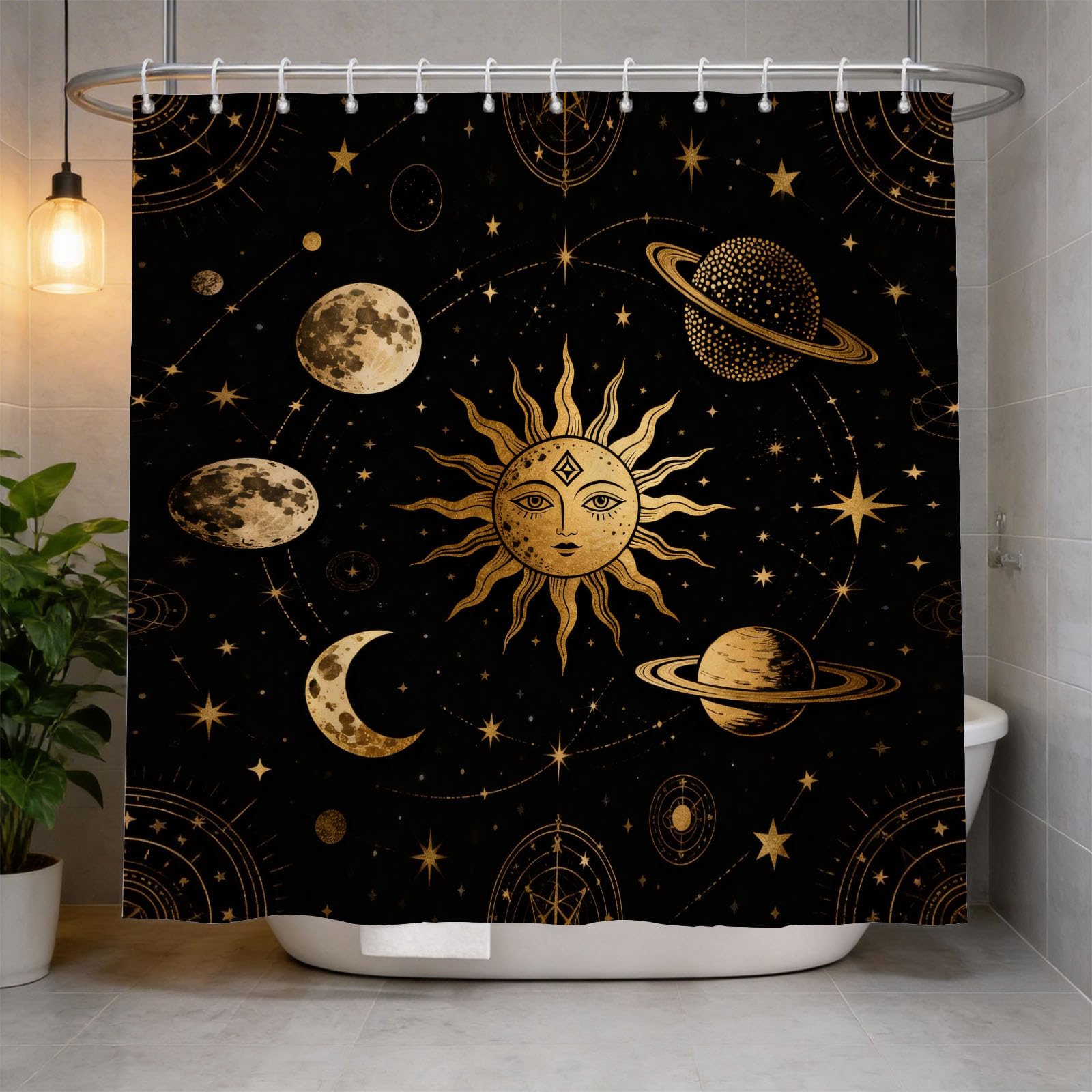 Hongduo 3D Golden Sun Shower Curtain for Stalls Bathtubs Divination Bathroom Decor Shower Curtain Set Polyester Fabric Waterproof 180x180cm/71X71 Inch with Hooks