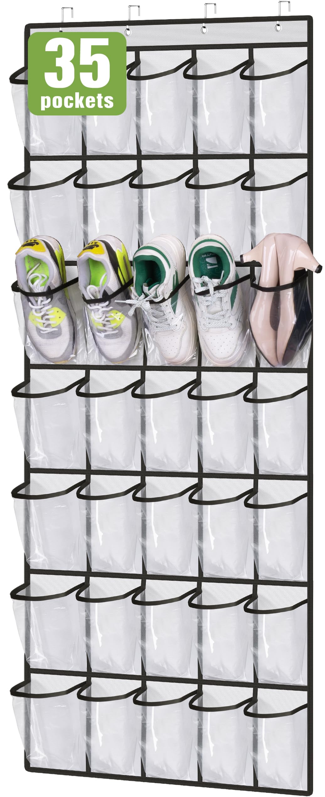 MISSLO 35 Clear Large Pockets Over The Door Shoe Organizer Sturdy Oxford Fabric Hanging Shoe Rack Closet Shoe Holder Hanger, White
