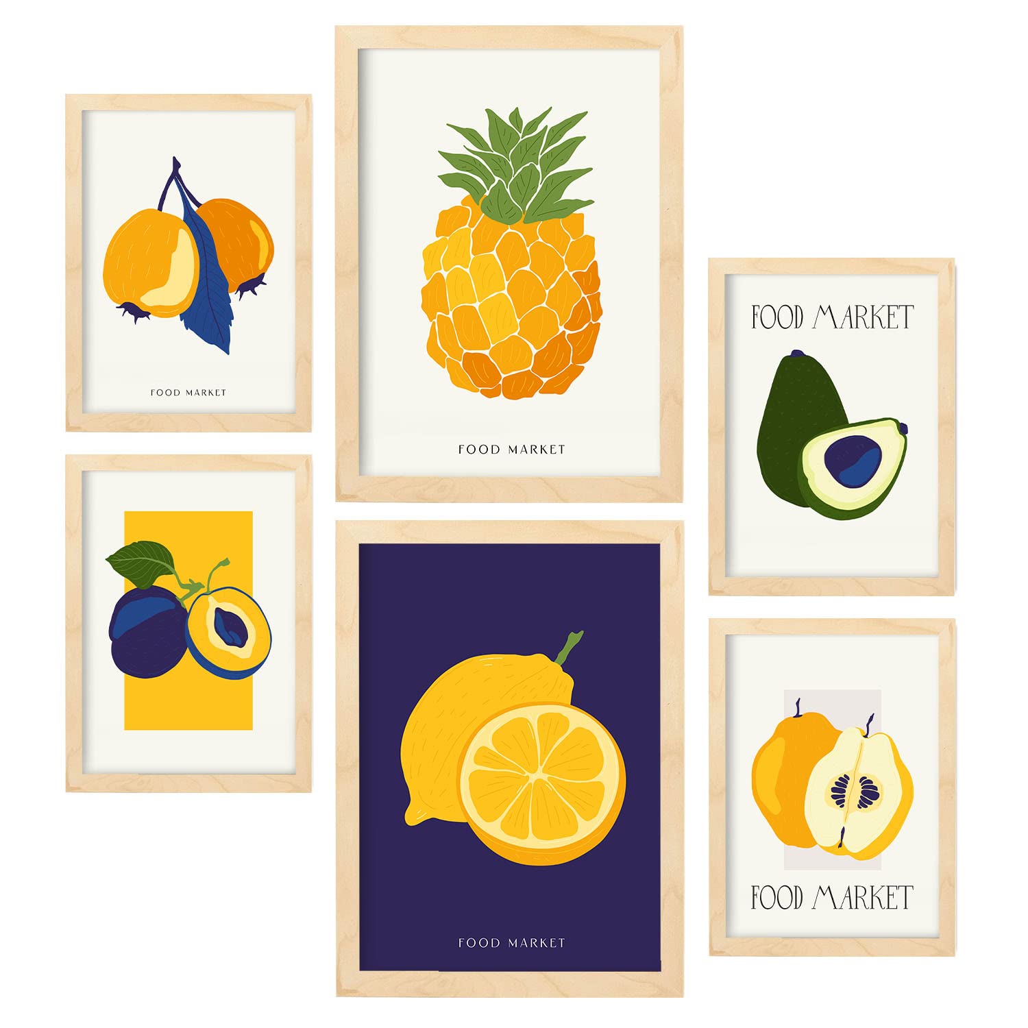 Nacnic Set de 6 Posters de Comida y Alimentación. Frutas Tropicales. Láminas de Naturaleza y Botánica para el Diseño y Decoración de Interiores. Tamaños A3 & A4, Marcos Color Madera.
