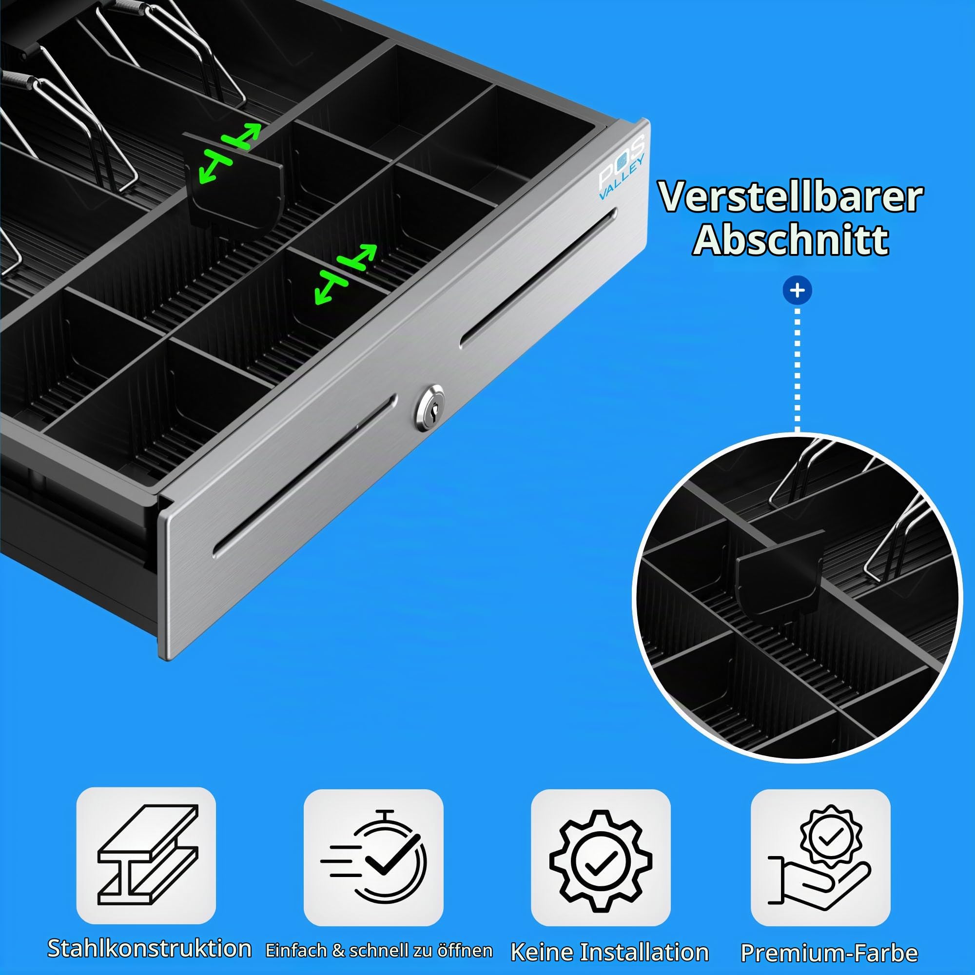 Kassenschublade Push - Druckknopf Öffnung, mit 8 Münzfach und 4 Scheinfächer (euro), Abschließbar - Kassenlade Professionelle, Geldschublade, Kassen Schublade - 41x41 cm - Schwarz