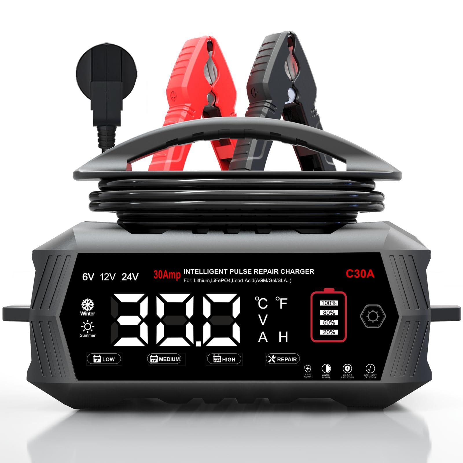 30A Car Battery Charger, 6 V/12 V/24 V LiFePO4 Charger for Car, Truck, Motorcycle, Lawn Mower, Boat, Marine Batteries, Battery Charger for LiFePO4, Lithium, Lead Acid (AGM, Gel, EFB etc.)