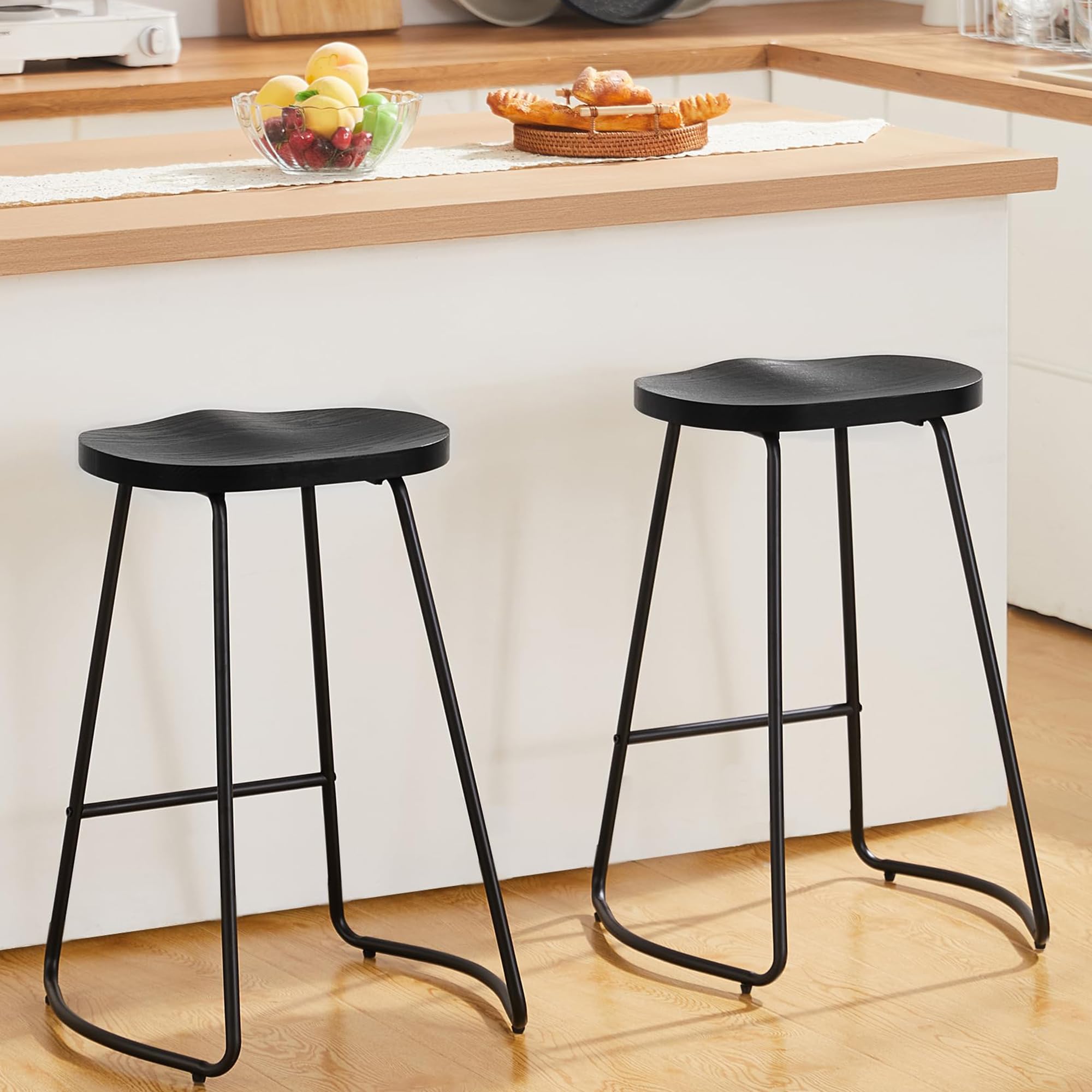HeuGah Barstools Set of 2, 26" Counter Height Bar Stools with Metal Leg, Rustic Backless Bar Stools for Kitchen Island, Wood Bar Chairs with Saddle Seat (Black, 2 PCS 26Inch Counter Chair)