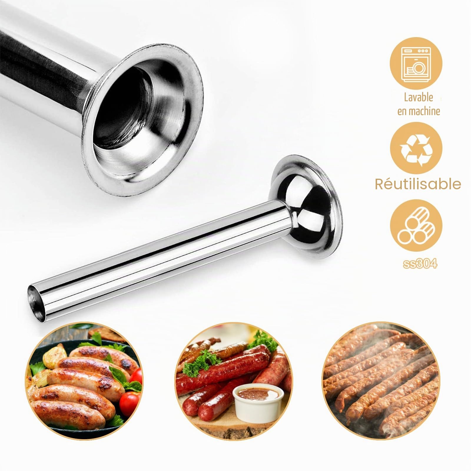 Tube à Saucisse Lot de 3 Tubes de Remplissage en Acier Inoxydable | pour Hachoir à Viande Manuel ou Électrique Taille 8 - Compatible Lave-Vaisselle