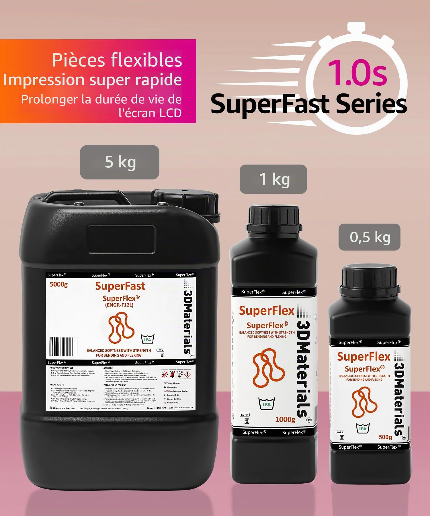 SuperFlex Résine d'imprimante 3D, Douceur 80A simulant du caoutchouc flexible, Fabriquée en Corée par 3DMaterials (1000g, Transparent)