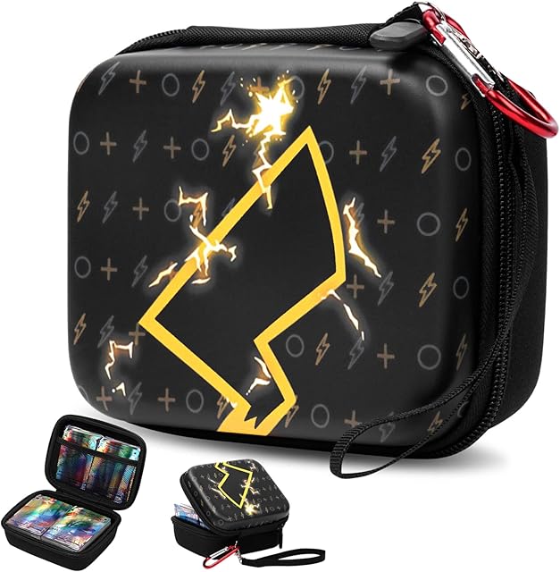 OSDUE Trading Card Storage Tin Box for TCG Cards, Storage Card Holder for Pichu Cards [Lightening] Card Storage Tin Box Travel Game Cards Case, with Hand Strap and Carabineer, Holds Up to 400+ Cards