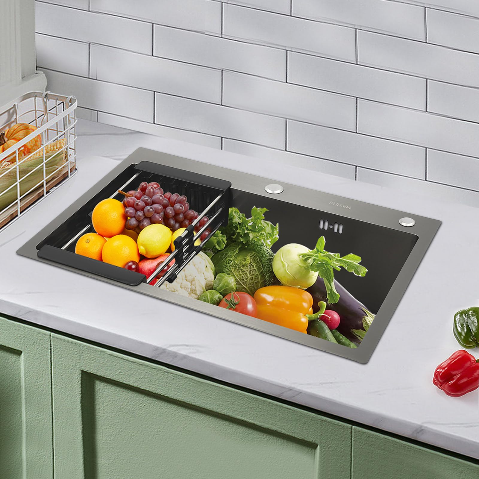 Fregadero de cocina, juego de fregadero de acero inoxidable, fregadero cascada con grifo retráctil, 1 lavabo empotrado, para cocinas, lavaderos, laboratorios, cafeterías, 68 x 45 x 20 cm
