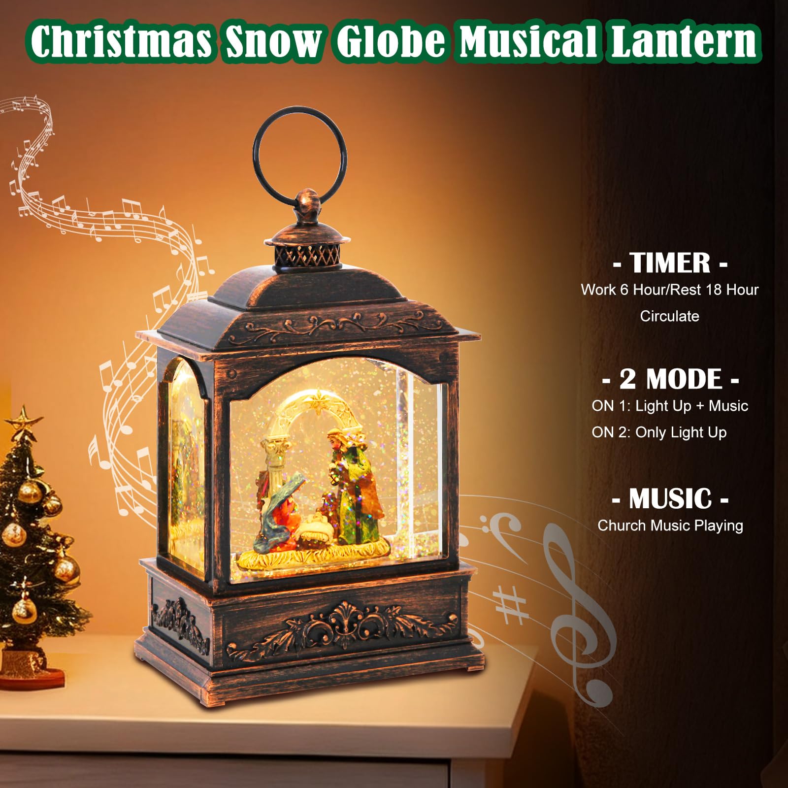Weihnachtliche Schneekugel Musikspieluhr mit Krippen-Szene | LED Wasserlauflicht Weihnachtsdekoration | 6-Stunden Timer | 21 cm | USB/Batteriebetrieb