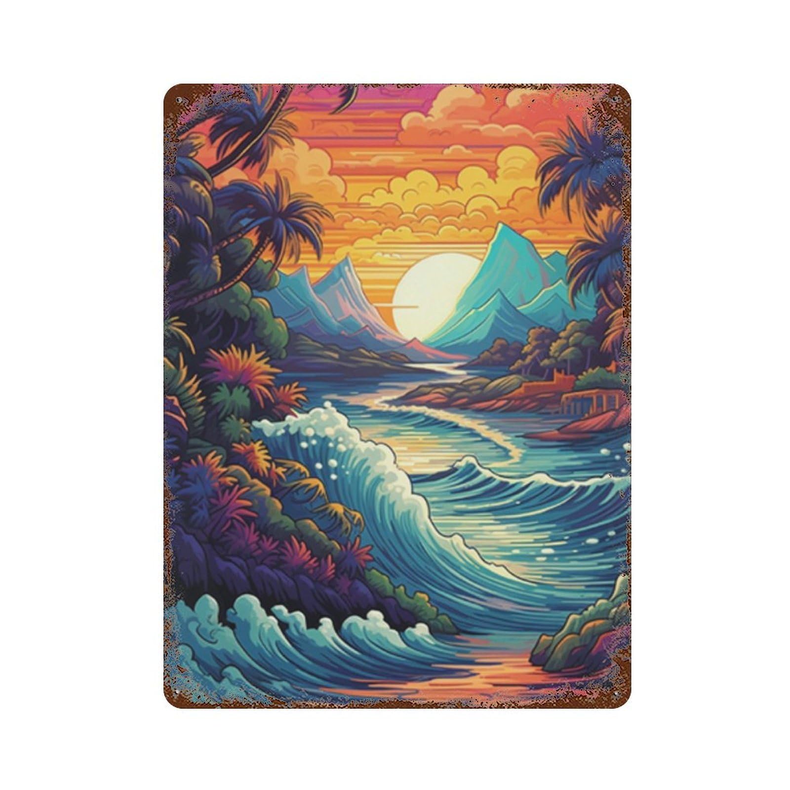 Tropical Sunset Waves Weathered Tin Sign 15.7"x11.8", for Shed, Workshop And Garage Wall Decor, Decorative Metal Wall Art