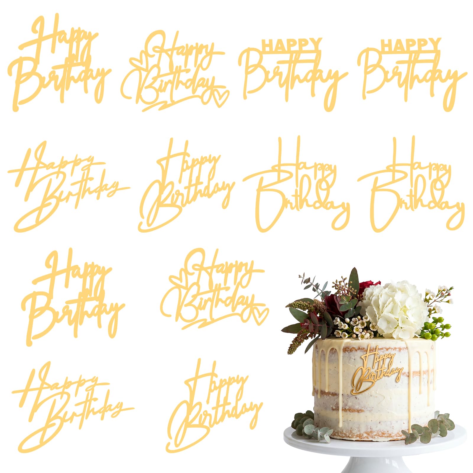 RAHHLIZS 12Pcs Happy Birthday Cake Topper Gold Happy Birthday Cake Sign