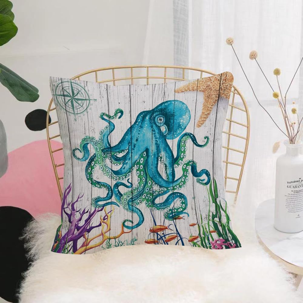 HYOSXW Cushion Cover,Throw Pillow Case Home Decorative for Living Room Bedroom Sofa Chair 16X16 Inch,Marine animal patterns, octopus, fish, starfish, underwater creatures,Pillowcase 40X40cm