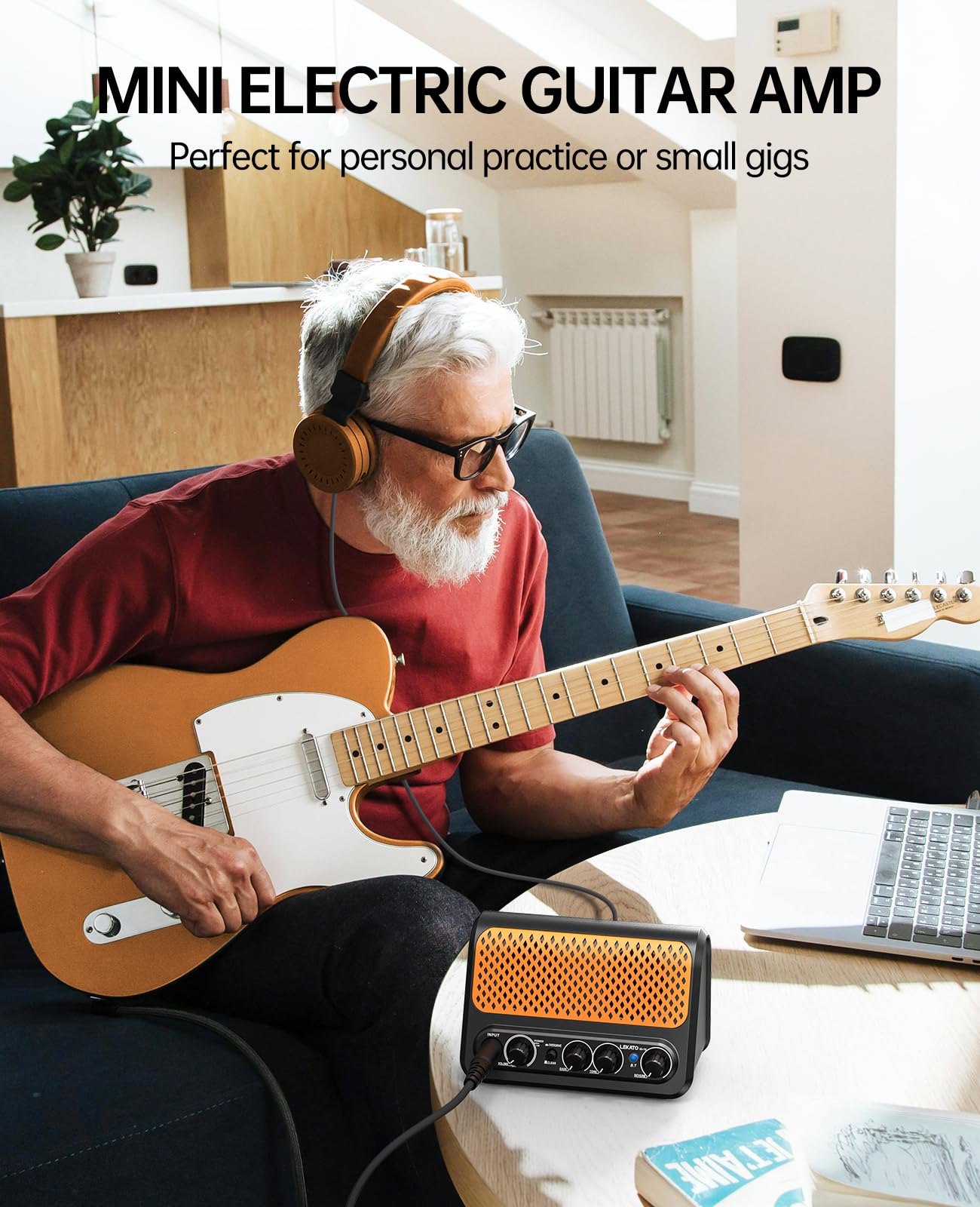 LEKATO Mini amplificateur de Guitare électrique Portable 10 W avec Canal Clean & Overdrive, réverbération et connectivité Bluetooth (Noir-Orange)