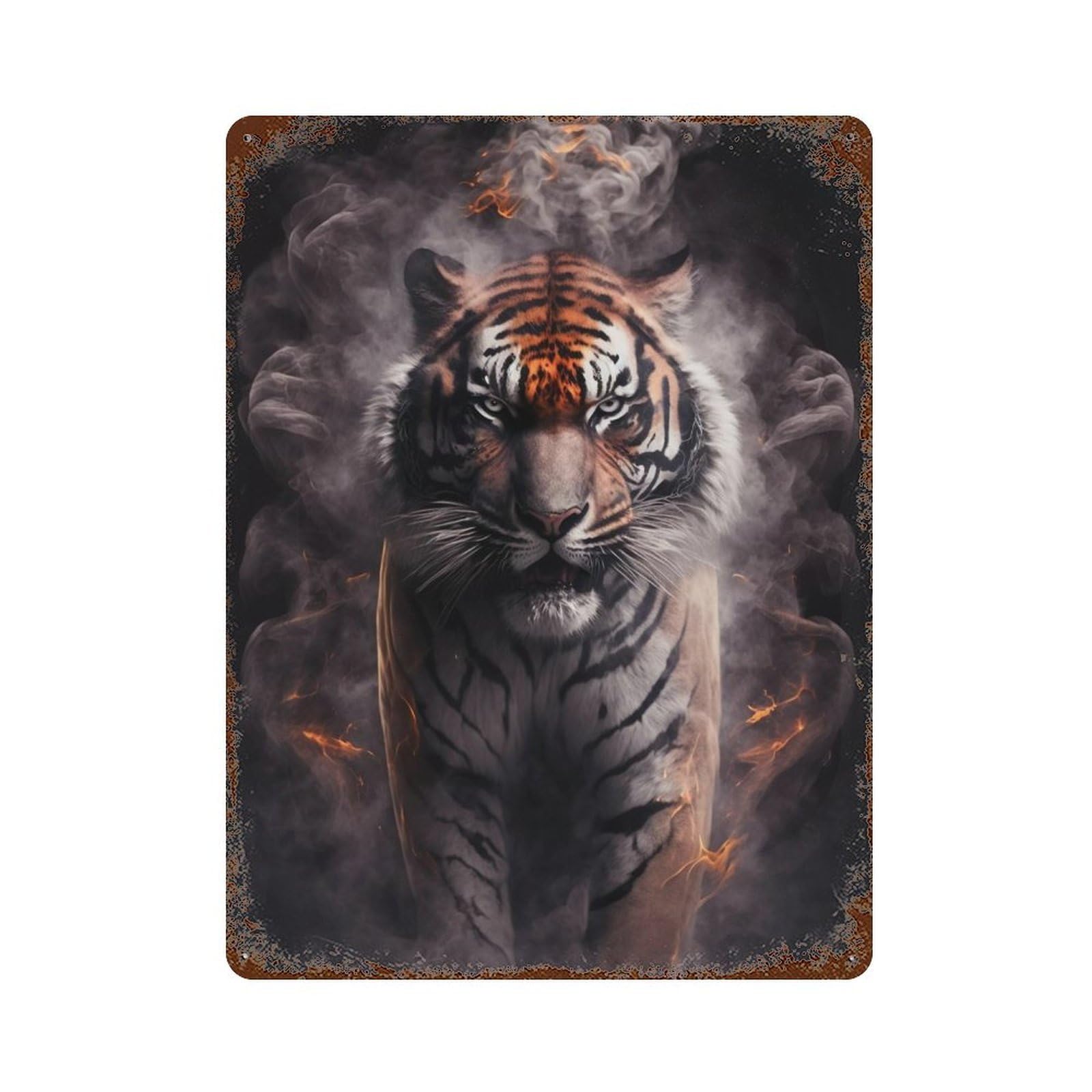 Tiger Fire Smoke Artwork 15.7"x11.8" Retro Metal Sign, Industrial Home Decor for Office, Studio And Wall Decor