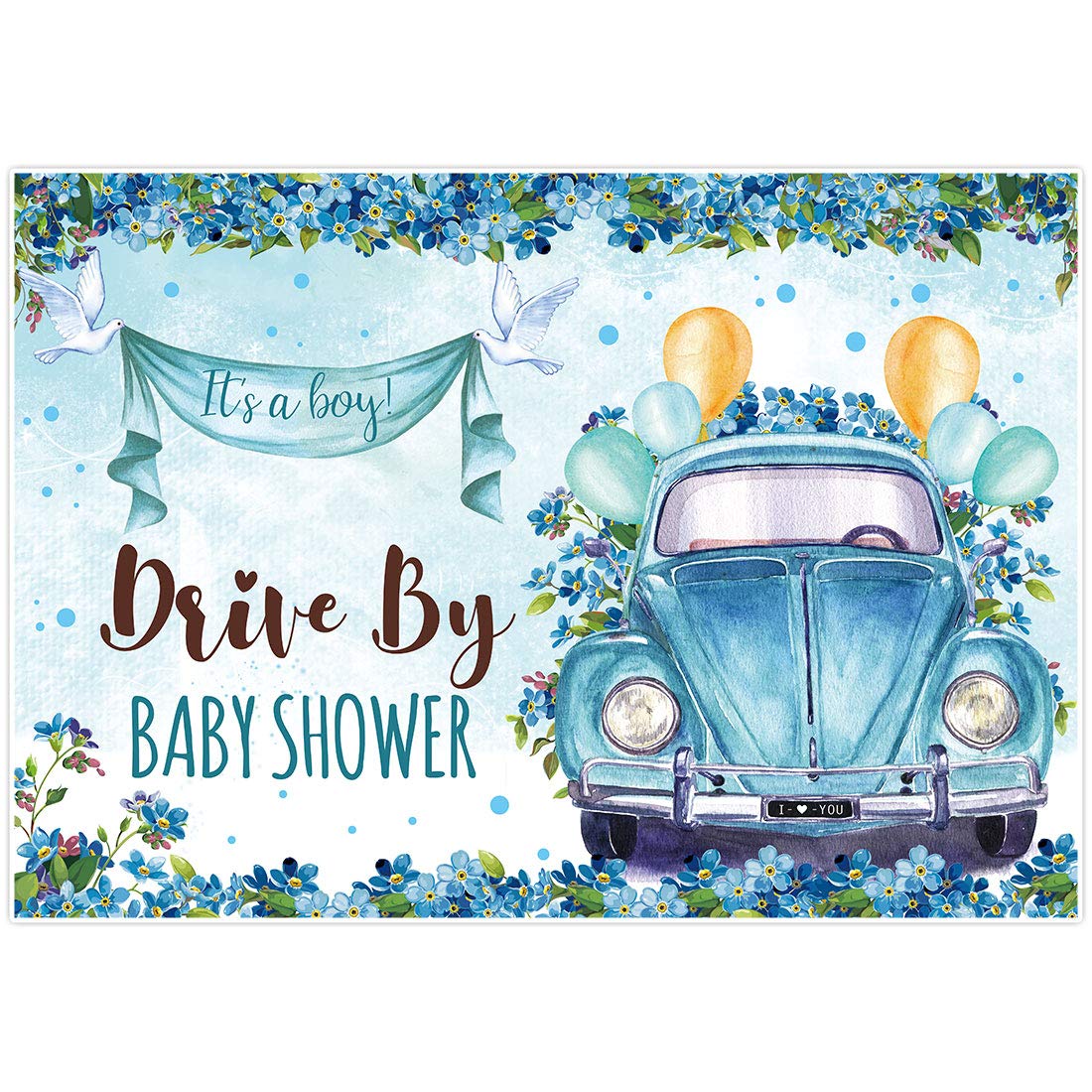 Allenjoy 7x5ft Drive by Baby Shower Backdrop Blue Car Balloons Floral