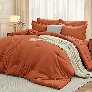 MUXHOMO 5 Pieces Twin Comforter Set, Soft Bed in a Bag Twin Size, All Season Bedding Set with Comforter, Flat Sheet, Fitted Sheet, Pillowcases & Shams, Burnt Orange