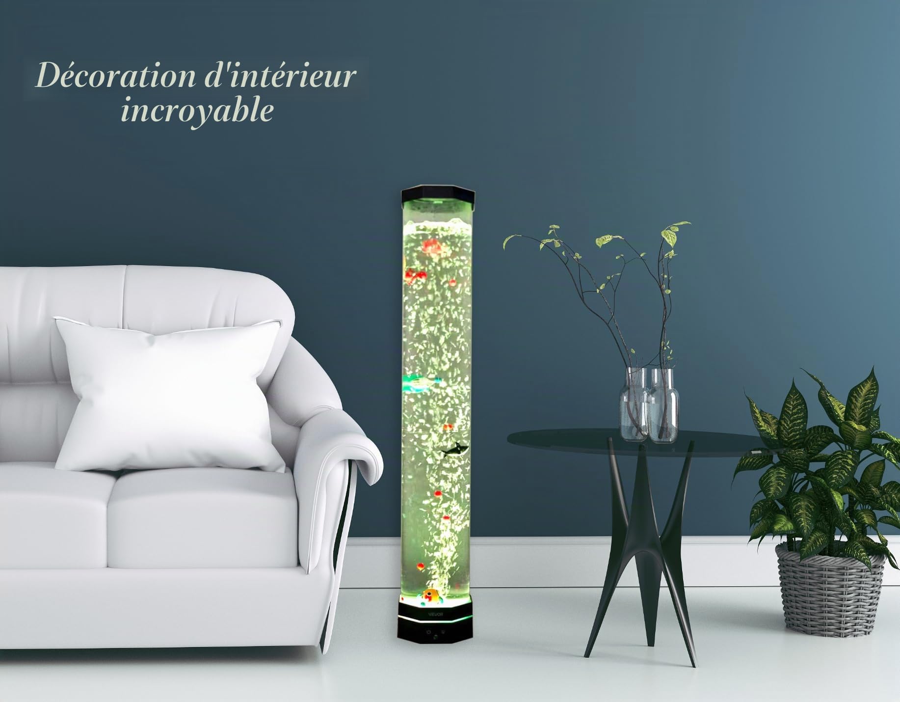 Lampe octogonale extra large de 81,3 cm pour aquarium – Tube sensoriel Jumbo de 12,7 cm de large avec 5 poissons et requins mignons, base stable de 14 cm avec LED bleu moderne, veilleuse à 16 couleurs