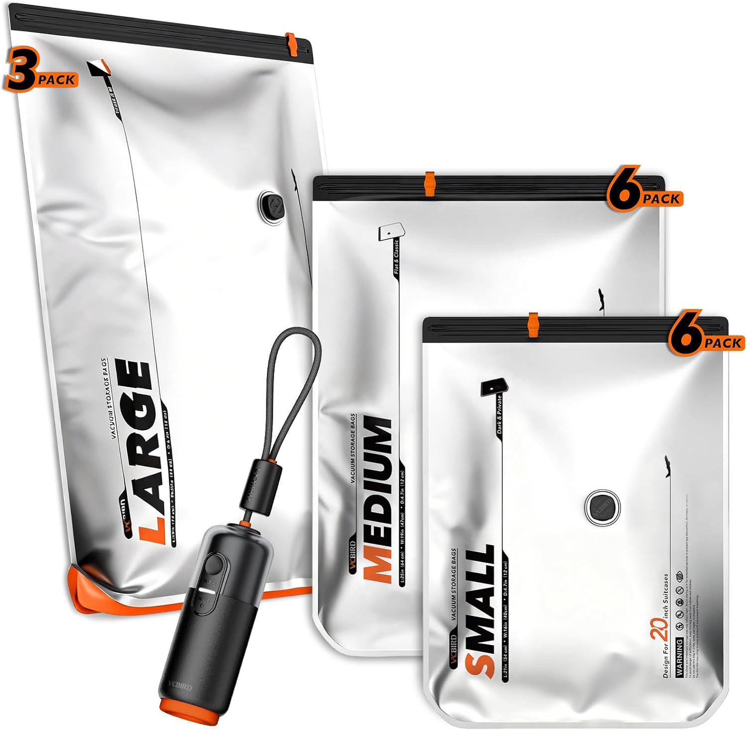 Vacbird Travel Vacuum Bags for Luggage with Cordless Pump