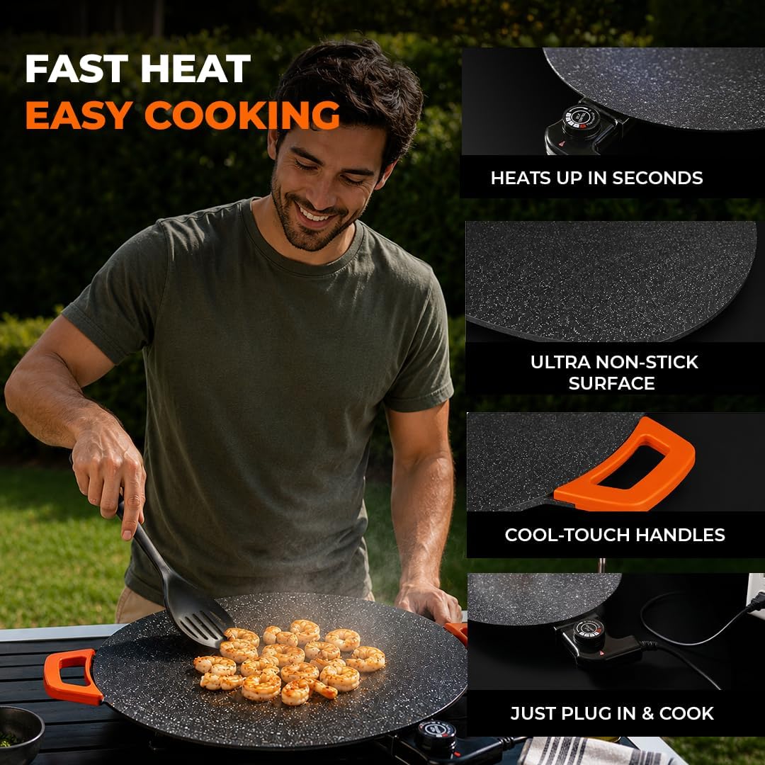 Griddle Buddy Electric Indoor Grill Nonstick, Round Electric Griddle Heats up in Seconds, for Pan Searing Steaks, Breakfast, BBQ & Family Meals, Rapid Heating, Easy Cooking