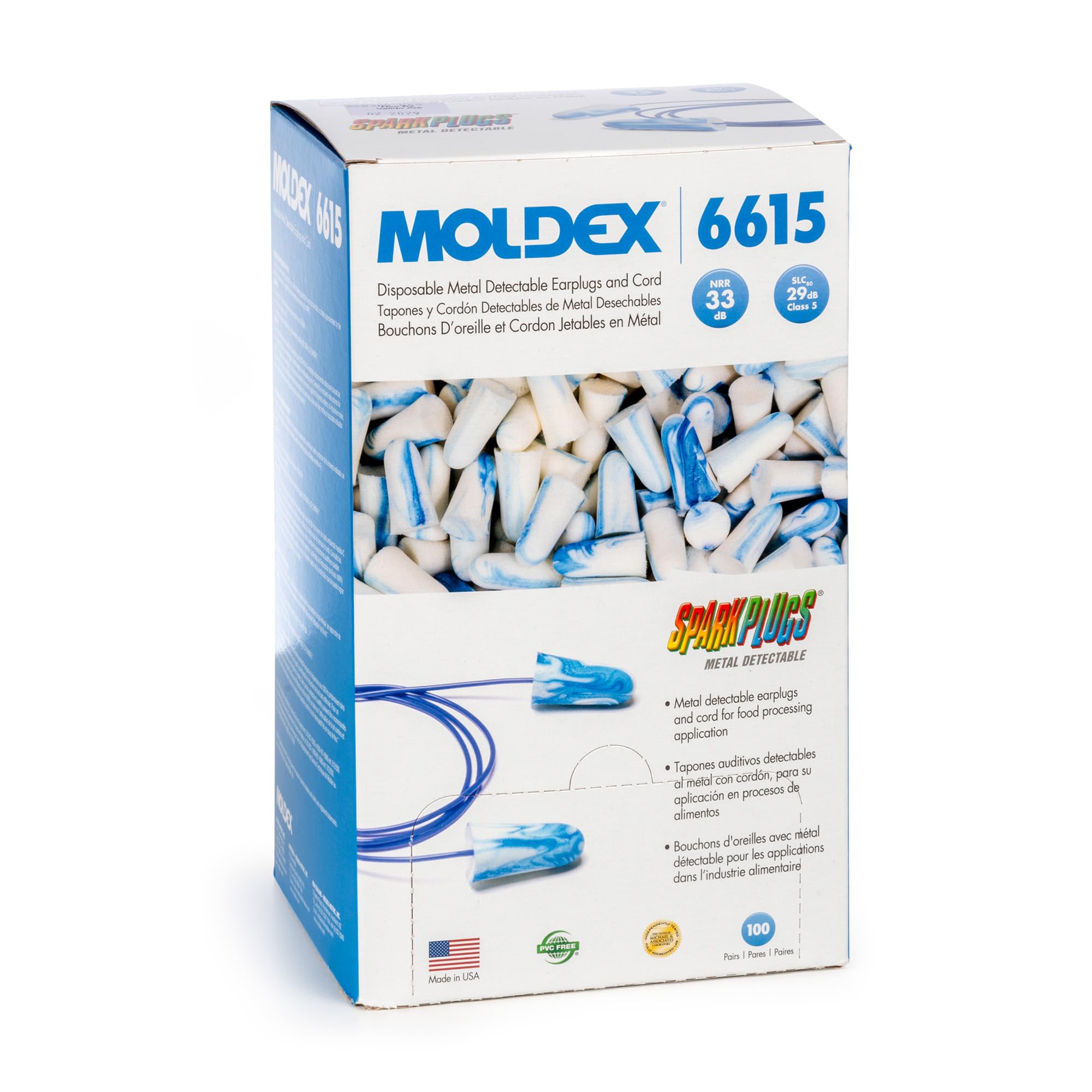 Moldex SparkPlugs® Metal Detectable Corded Disposable Foam Earplug 6615, NRR 33dB