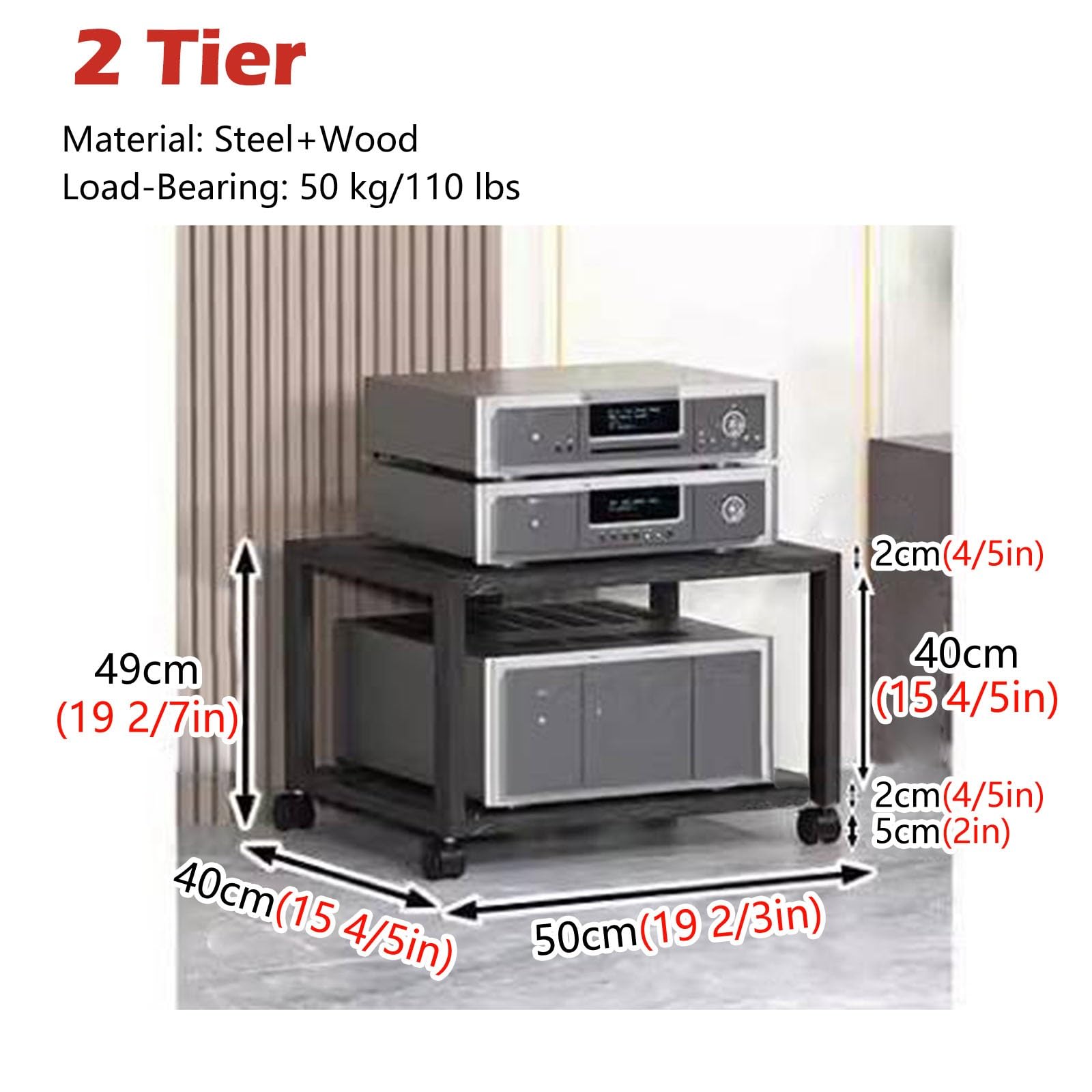 HiFi-Stereo-Regal für Wohnzimmer, 2-stöckig, AV-Media-Ständer auf Rädern, DVD-Player, Aufbewahrungsschrank, kompaktes Entertainment-Center für kleine Räume (weiß)
