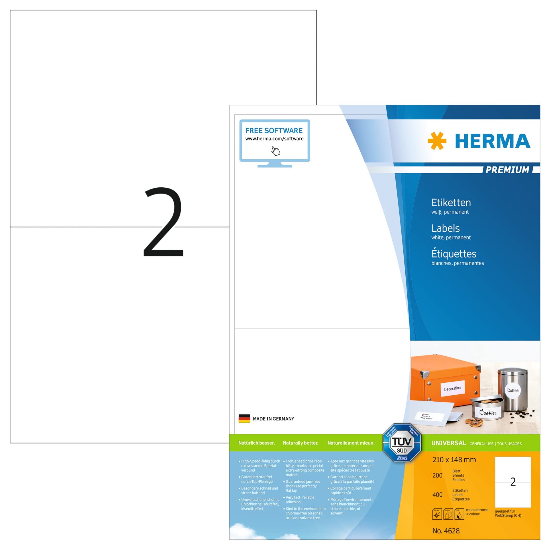 HERMA 4628 Versandetiketten, 200 Blatt, 210 x 148 mm, 2 pro A4 Bogen, 400 Stück, selbstklebend, bedruckbar, matt, blanko Papier Adressetiketten Aufkleber, weiß