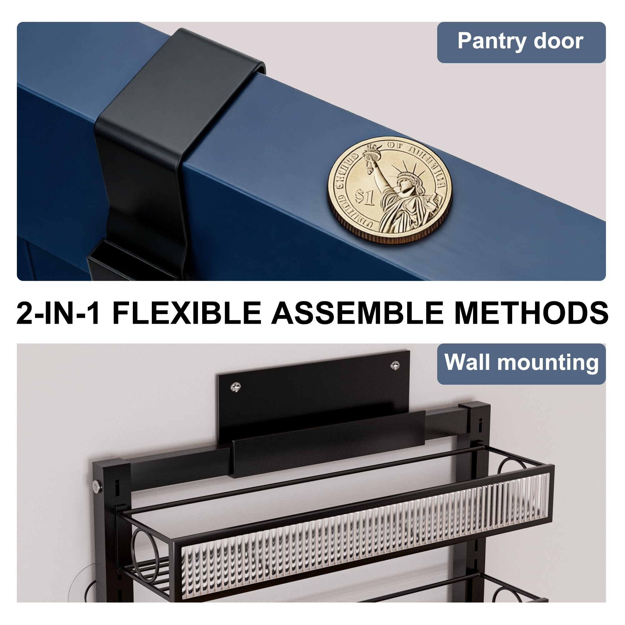 Gewürzregal mit 9 Etagen, zum Aufhängen an der Tür oder an der Wand montiert, mit verstellbarem Acrylkorb, robustes Metall-Gewürzregal für Küche, Speisekammer und Badezimmer, Schwarz
