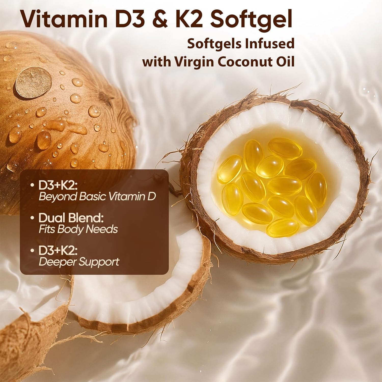CrownHer Naturals D3 K2, Real Good Essentials Vitamin D3 10000 IU + K2 200 MCG, Vitamin D3 & K2 Coconut Oil Softgels Capsules for Bone, Immune Health, Boosts Energy & Calcium Absorption, 180 Gels (1)