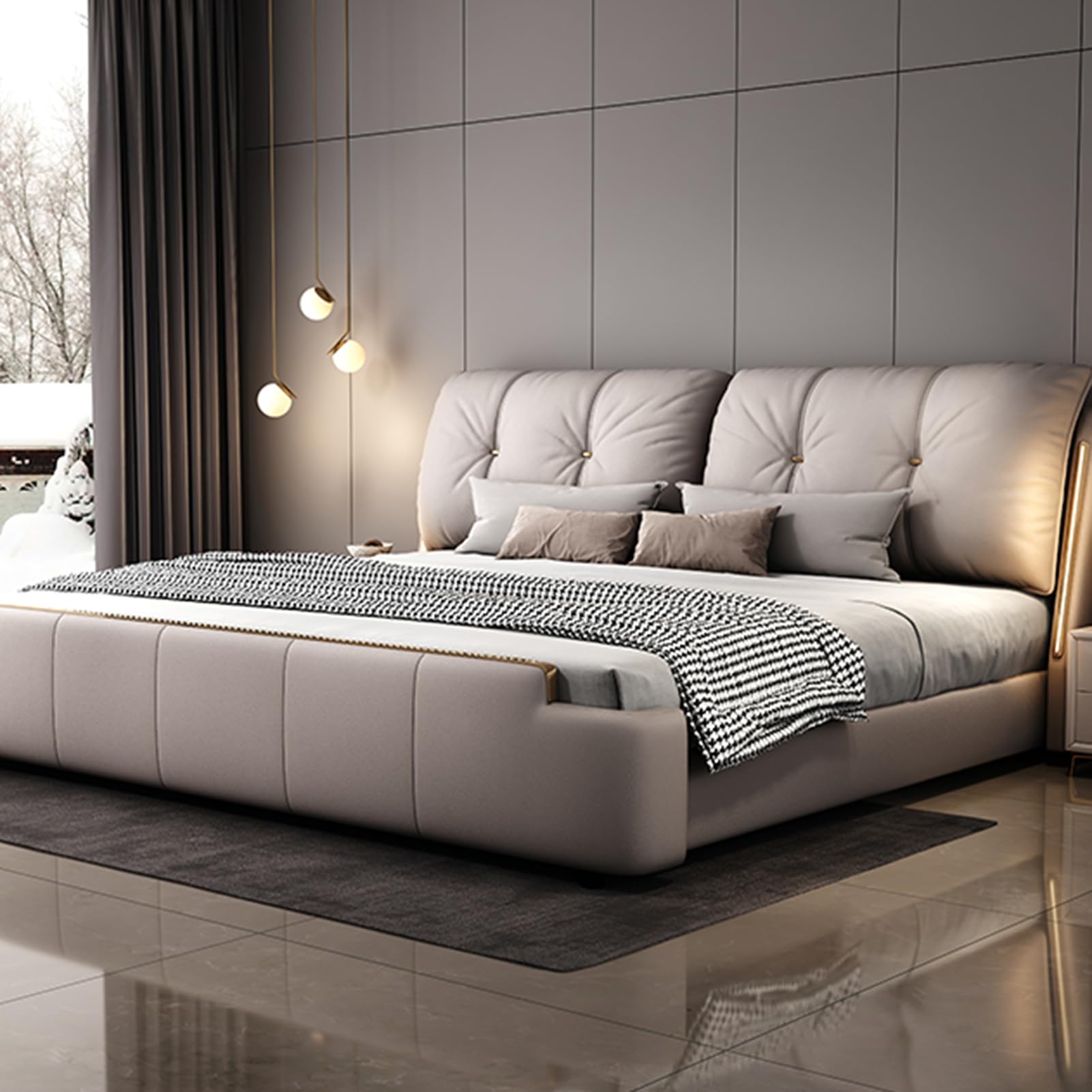 Gray King Size Genuine Leather Wood Bed Upholstered Platform Bed Frame with Headboard and Drawers Wooden Slats Support