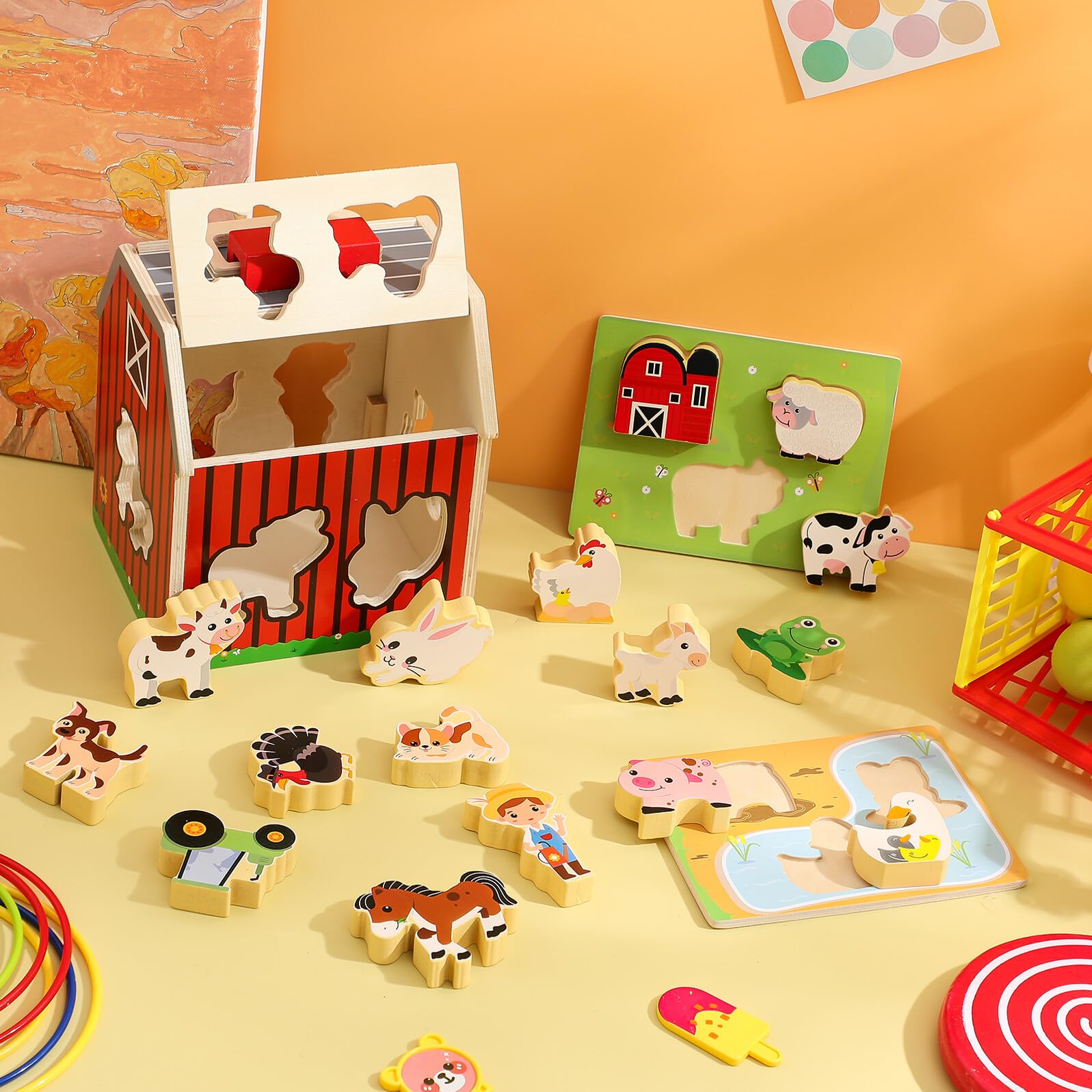 Hemobllo Set Gioco Fattoria Animali in Legno Montessori Stem | Attività Prescolare 2-5 Anni, per Interno, Ragazze e Ragazzi, Riconoscimento Colori