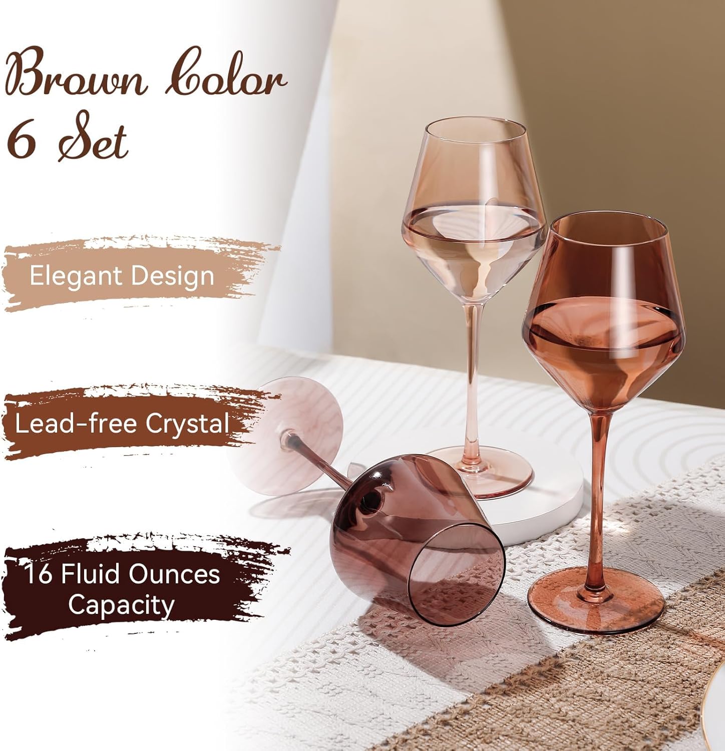 Brown Wine Glasses Set of 6 – 16oz Handblown Amber Stemmed VENUS Wine Glass, Millard Style Wine Glasses for Home Dinner Party for Kwanzaa - Image 2