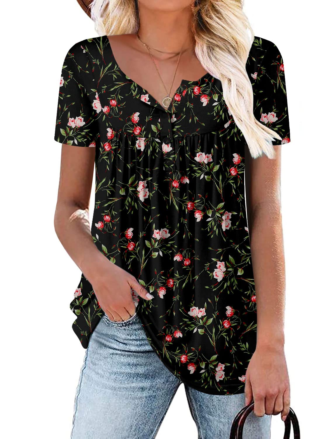 KISSMODA Ladies Pleated Tunic Tops for Women Buttons up Long Sleeve Shirts Floral Print — view 8