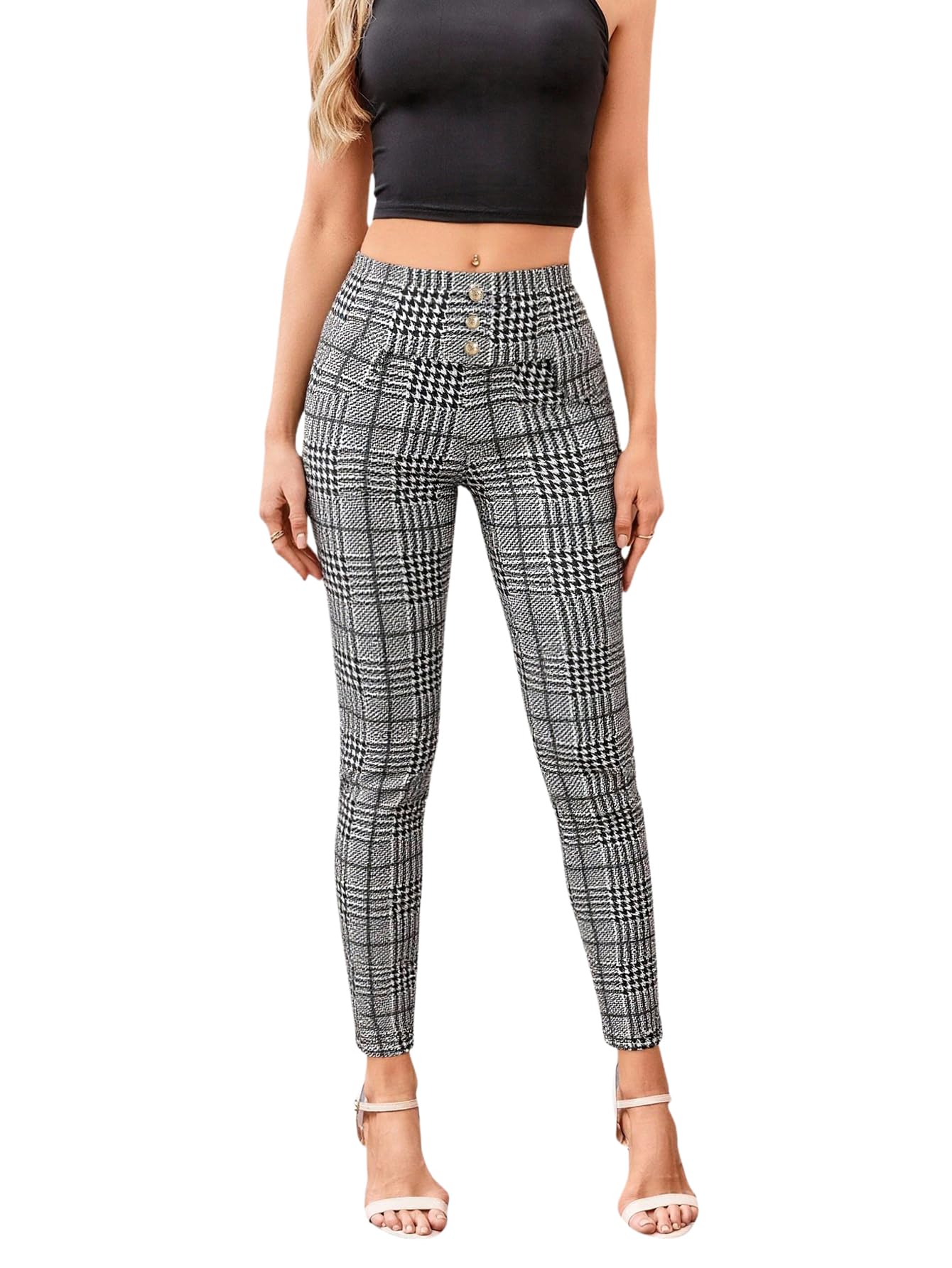 Womens Plaid Skinny Dress Pants Elegant Button Front High Waisted Stretchy Work Office Leggings