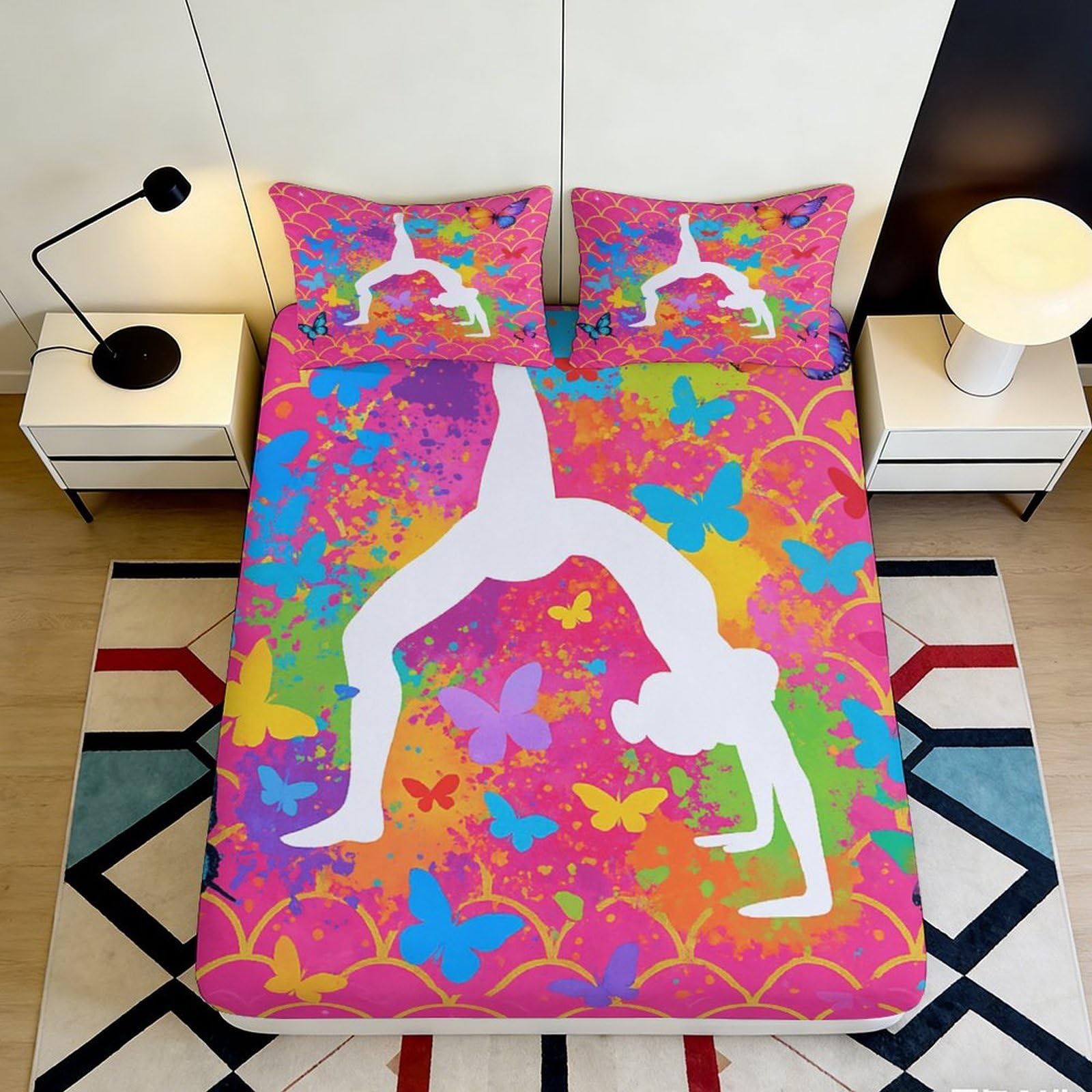 Tjiqhvmrn Style-9 3D Printed Yoga Butterfly Fitted Sheet Microfiber Deep Pocket Elastic Hem Non-Slip Yoga Butterfly Mattress Fitted Cover Bedroom Bedding For All Ages 90X200x25cm
