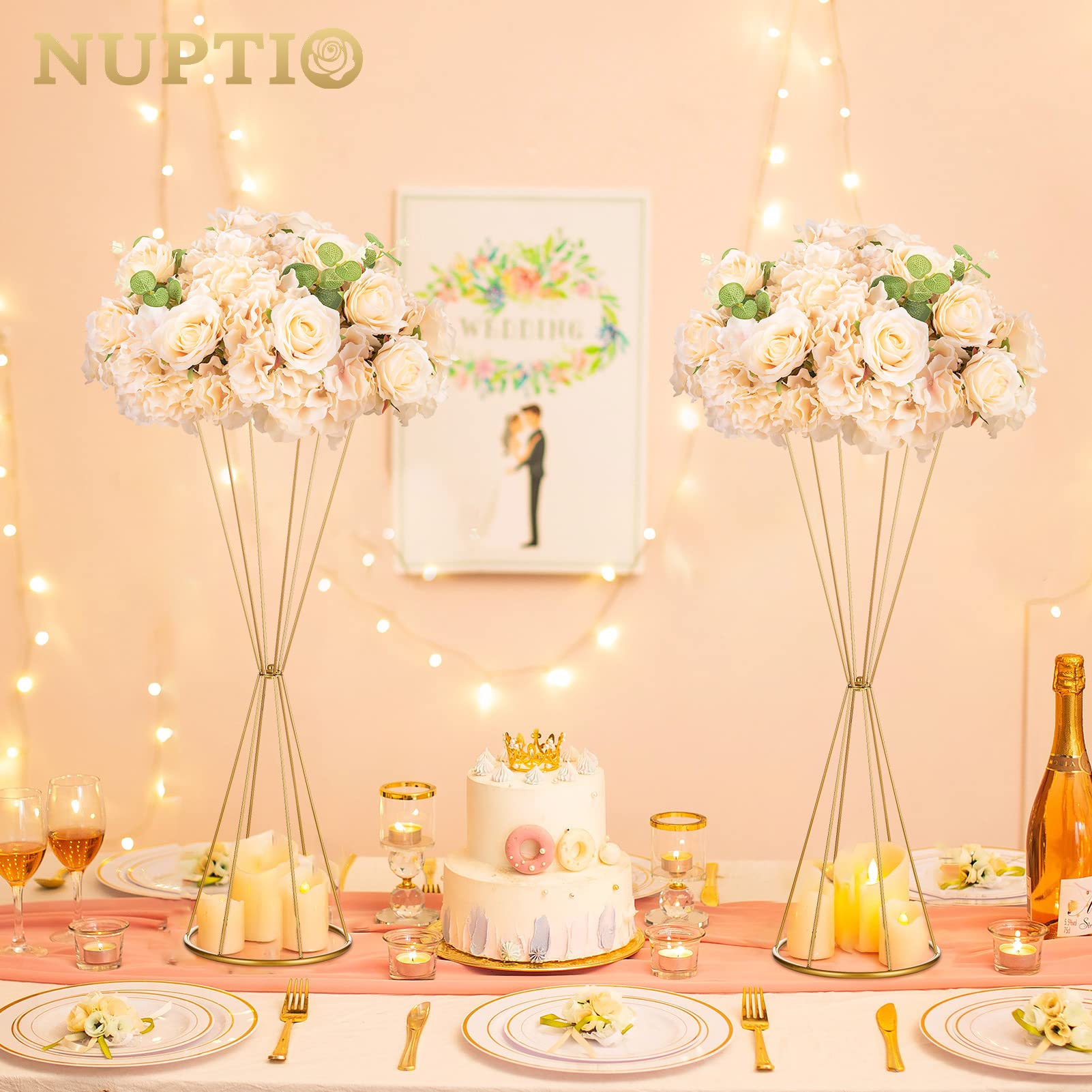 Set 2 Portafiori Da Tavolo 55 Cm Con Pendenti Di Cristallo - Centrotavola Metallici Oro Per Matrimoni E Feste