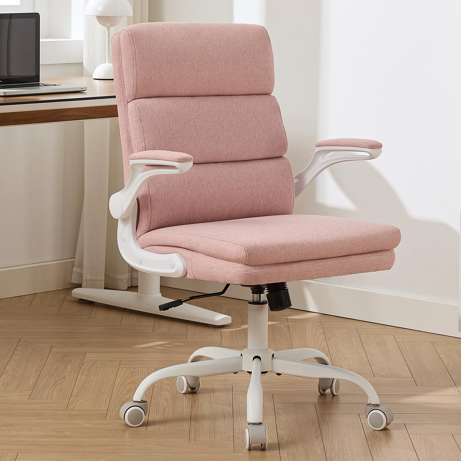 LukkDys Ergonomic Office Chair with 3-Stage Back Support, Executive Fabric Desk Chair with Flip-up Armrests, Adjustable Height & Swivel Computer Chair for Home Office, Pink
