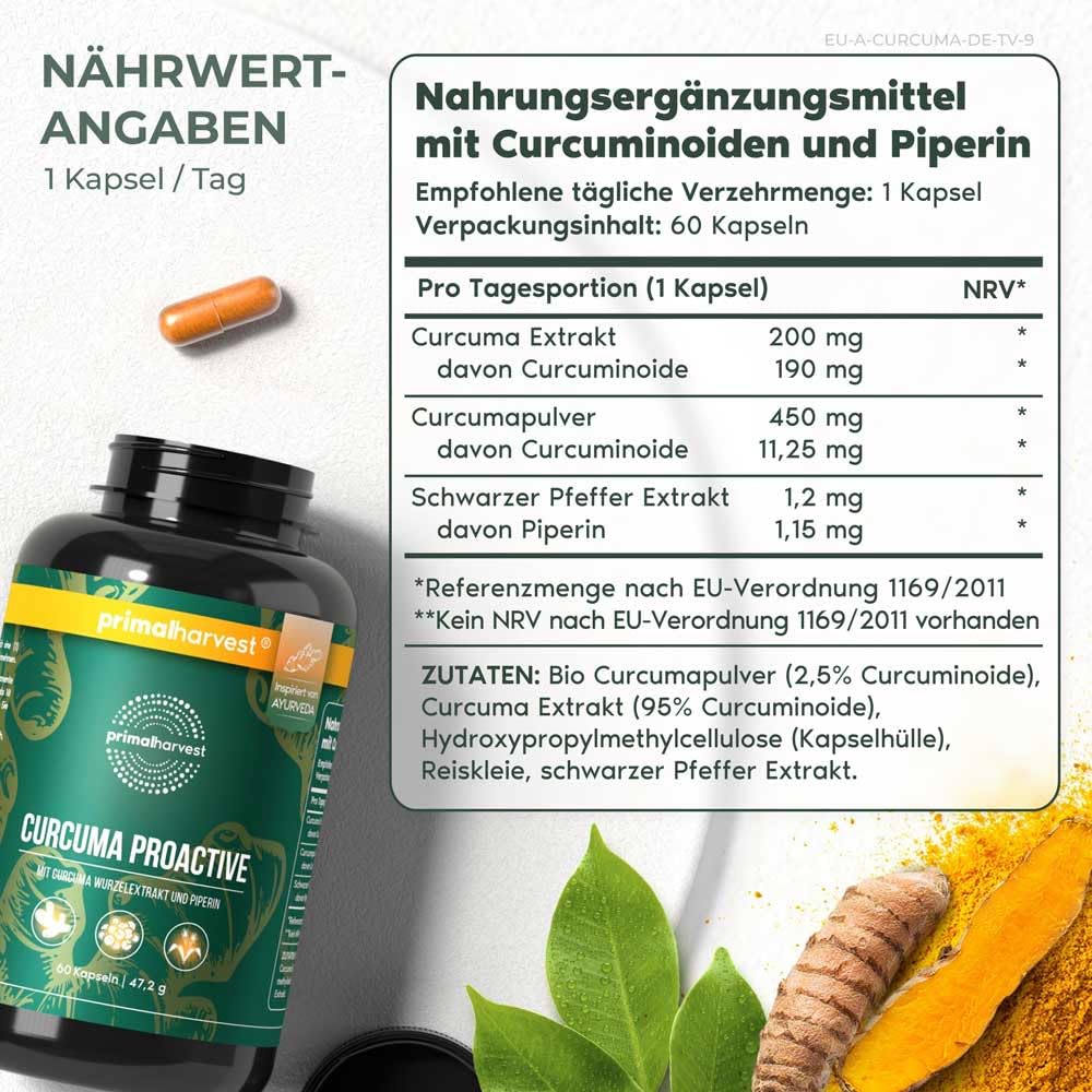 Primal Harvest Curcuma – Vegane mit 95% Curcuminoide & schwarzem Pfefferextrakt