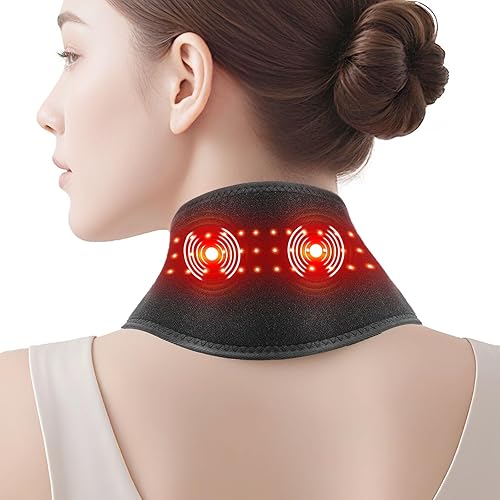 Almohadilla térmica de cuello para dolor de cuello, masajeador de cuello con calor, envoltura térmica inalámbrica con calor de luz roja de 660 nm y