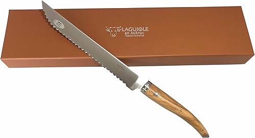 Laguiole en Aubrac Cuisine Gourmet Acero inoxidable totalmente forjado Hecho en Francia Cuchillo dentado de pan con mango de madera de olivo, 9