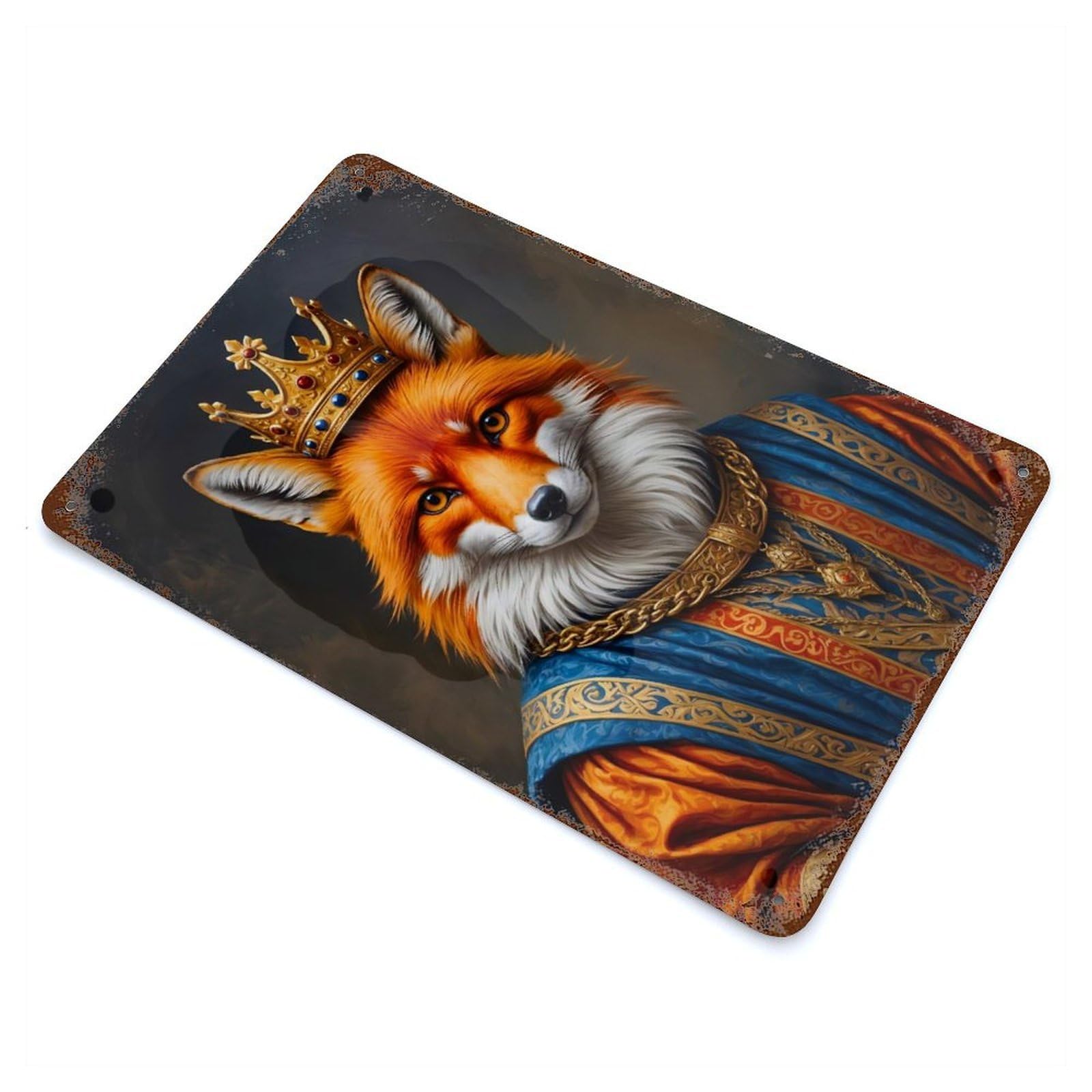 Distressed Metal Wall Sign Fox King 11.8"x7.9", Retro Wall Decor for Basement, Hobby Room And Garage Decor