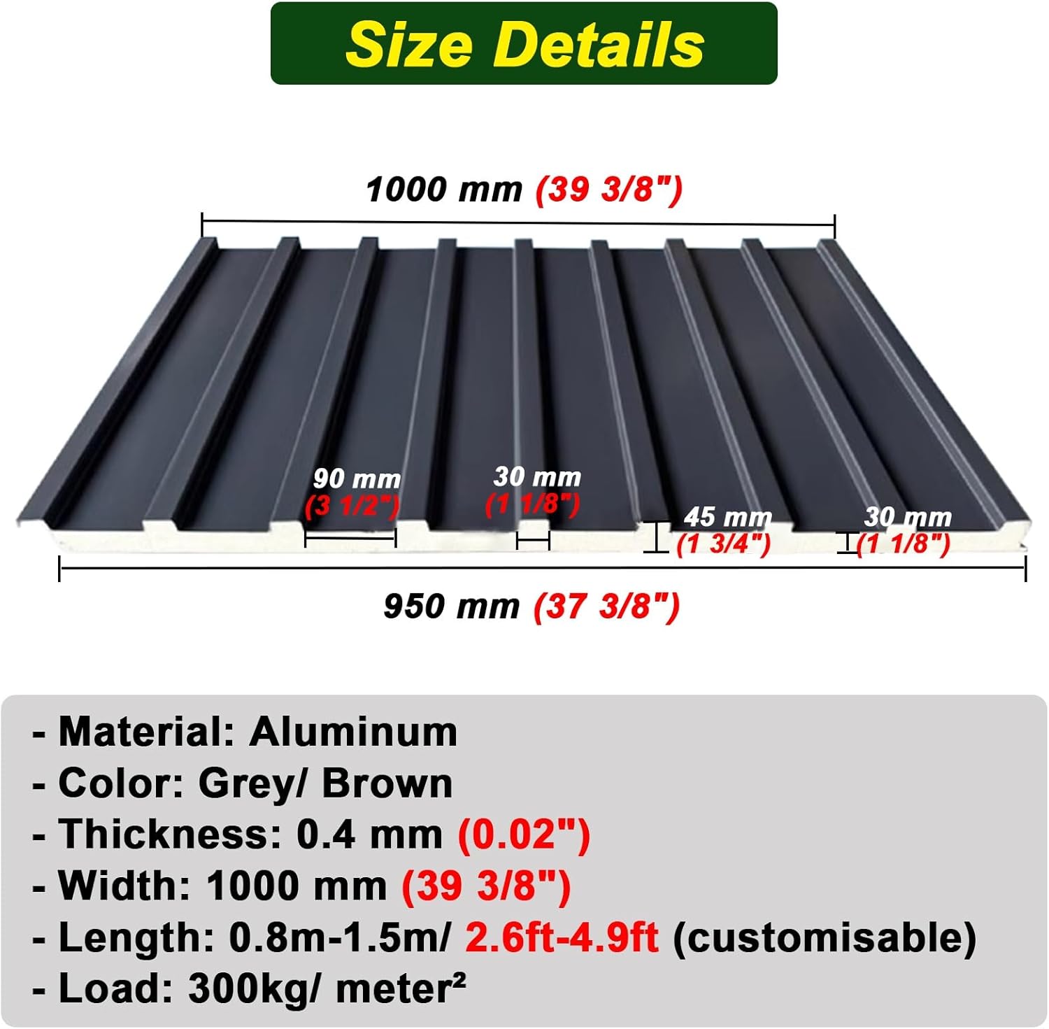 Aluminum Alloy Roofing Panels for Pergola, Insulated Corrugated Metal Sheets, Customizable Outdoor DIY Cladding (Gray, 1PC 1.5M/4.9FT) - 1/2/5 Pack Options