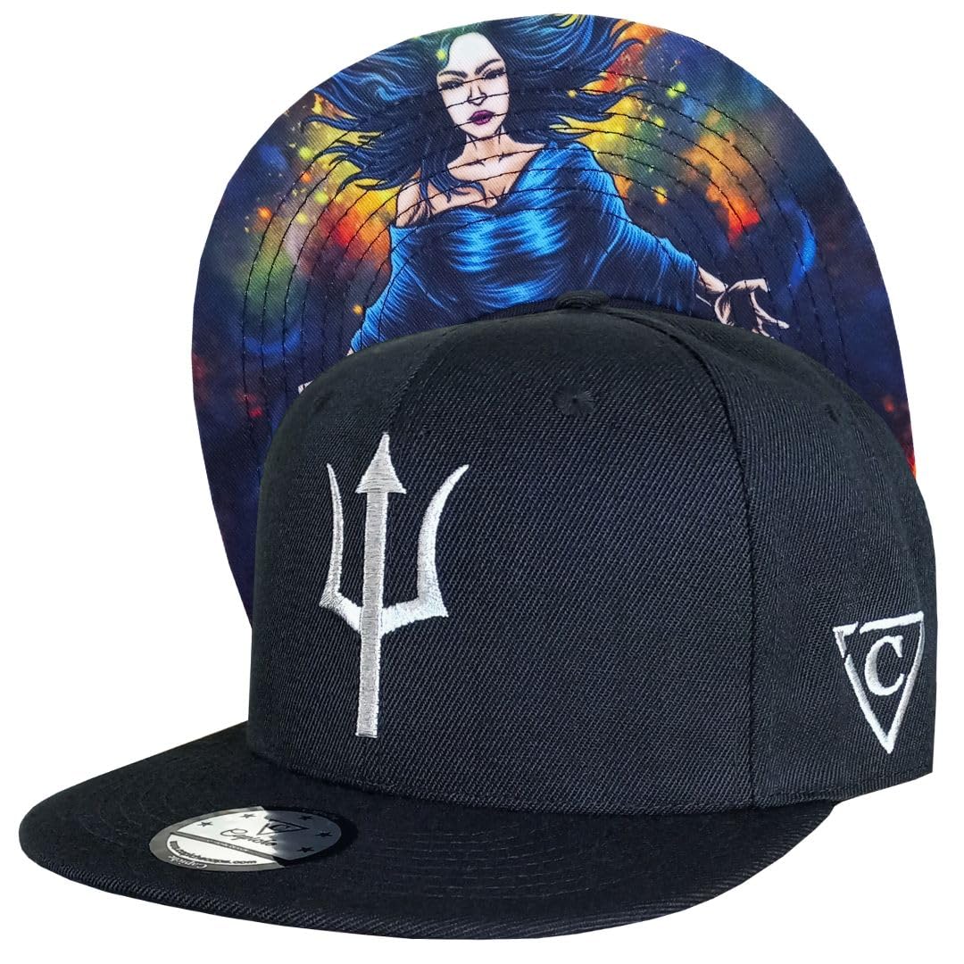 CapicheBlack Baseball Cap for Men, Achlys, Goddess of Misery, Ancient Greek Style Snapback Hat Unisex, Silver Front Logo Trident, Snapback Closure, One Size Hat for Women