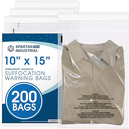 Spartan Industrial - Bolsas de polietileno transparente autosellantes de 10 x 15 pulgadas (200 unidades) con advertencia de asfixia para embalaje,