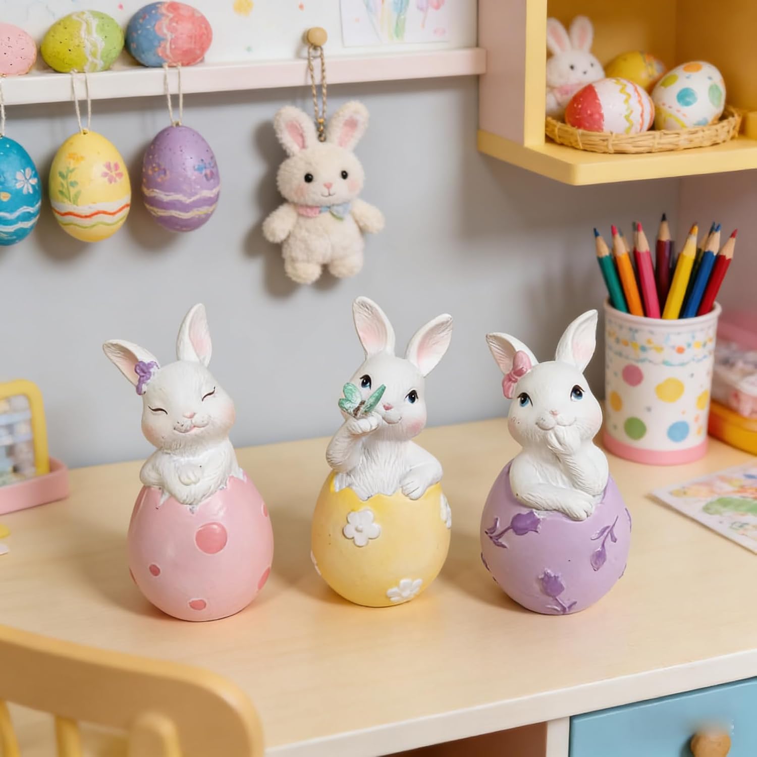 Cynkeyee Easter Decorations Bunny Figurine - Set of 3 Resin Bunnies Easter Eggs Base, Pink, Yellow, Purple Bunny for Table Decor Office Gift for Woman Easters Decorations for The Home 1.5x2x3.5 Inch - Image 5