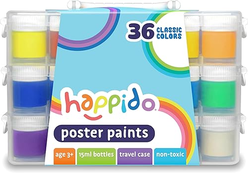 Happido - Pinturas para póster, 36 colores clásicos, botellas de pintura no tóxicas de colores brillantes de 0.5 fl oz, ideal para proyectos de