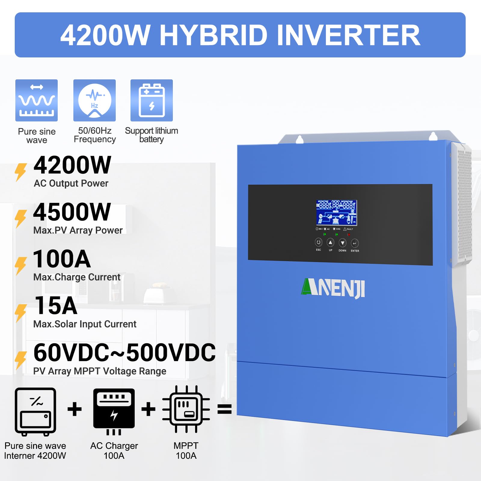 4200W Inverter Ibrido 24V Inverter Fotovoltaico a Onda Sinusoidale Pura, MPPT da 100A Tensione di Ingresso Fotovoltaica Massima di 500V, Adatto Per Batterie al litio da 24V, con Modulo WiFi
